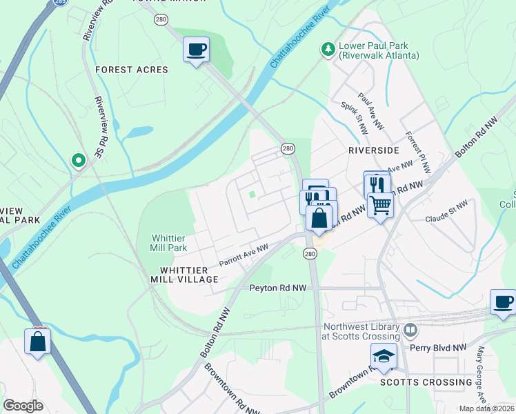 map of restaurants, bars, coffee shops, grocery stores, and more near 2054 Village Crest Drive Northwest in Atlanta