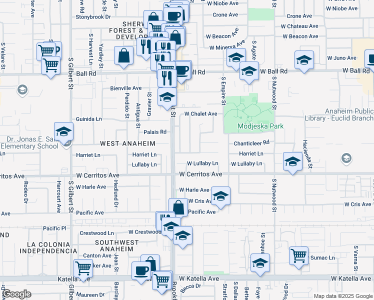 map of restaurants, bars, coffee shops, grocery stores, and more near 2141 West Lullaby Lane in Anaheim