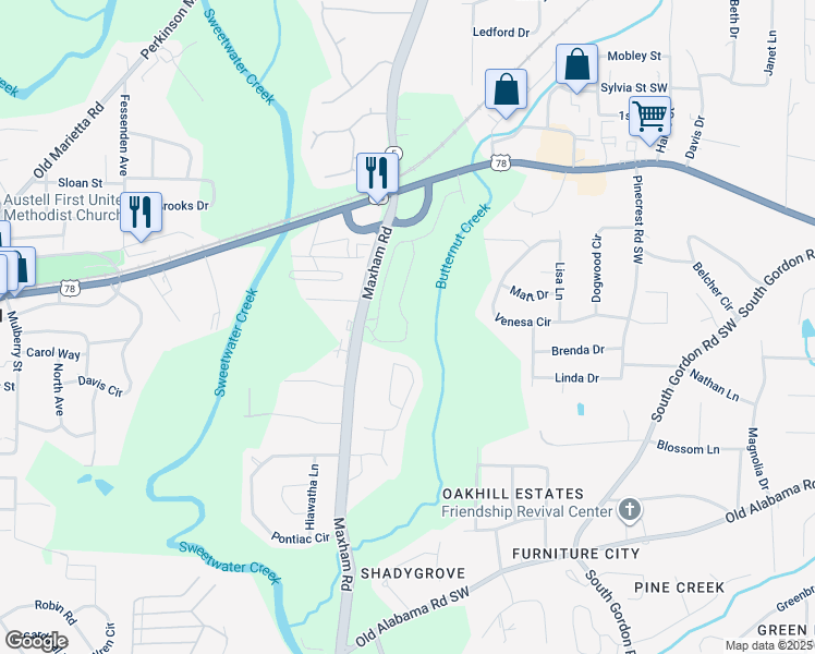 map of restaurants, bars, coffee shops, grocery stores, and more near 1095 Elowen Drive in Austell