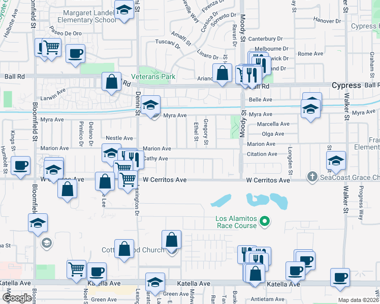 map of restaurants, bars, coffee shops, grocery stores, and more near 4752 Cathy Avenue in Cypress