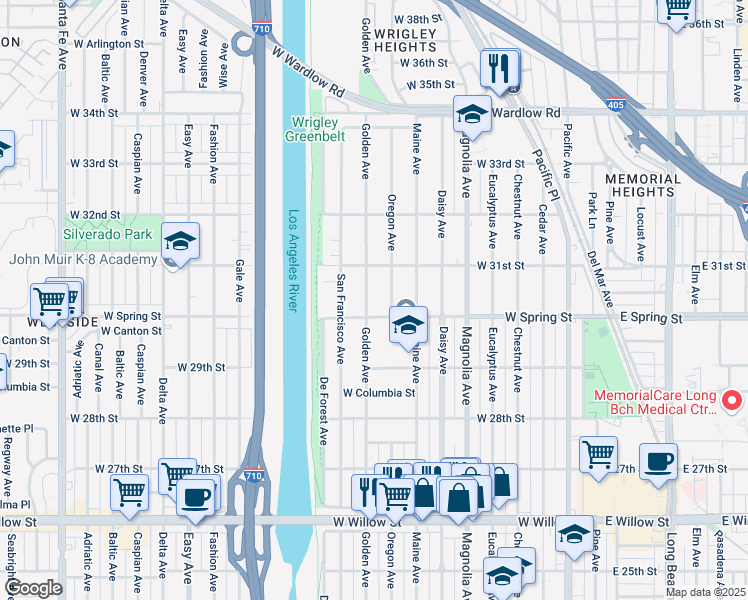 map of restaurants, bars, coffee shops, grocery stores, and more near 3075 Oregon Avenue in Long Beach