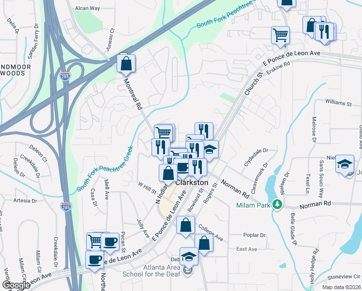 map of restaurants, bars, coffee shops, grocery stores, and more near 1174 Smith Street in Clarkston