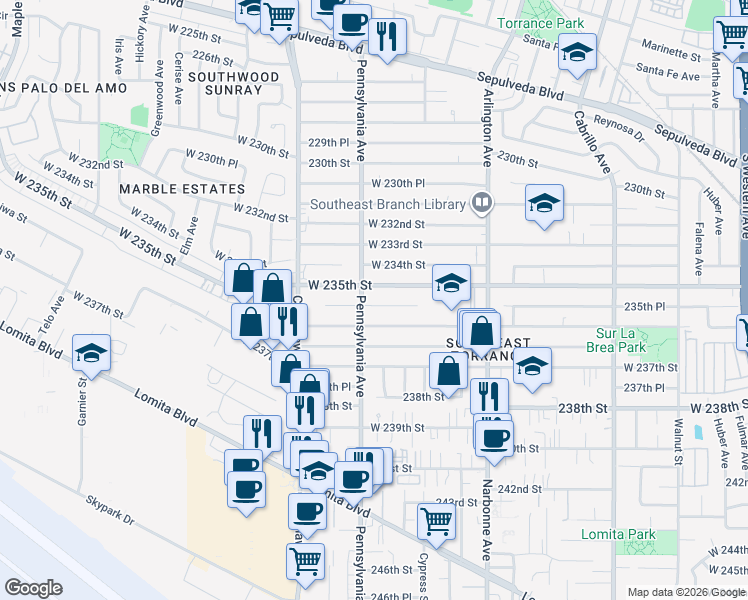 map of restaurants, bars, coffee shops, grocery stores, and more near 2365 235th Place in Torrance