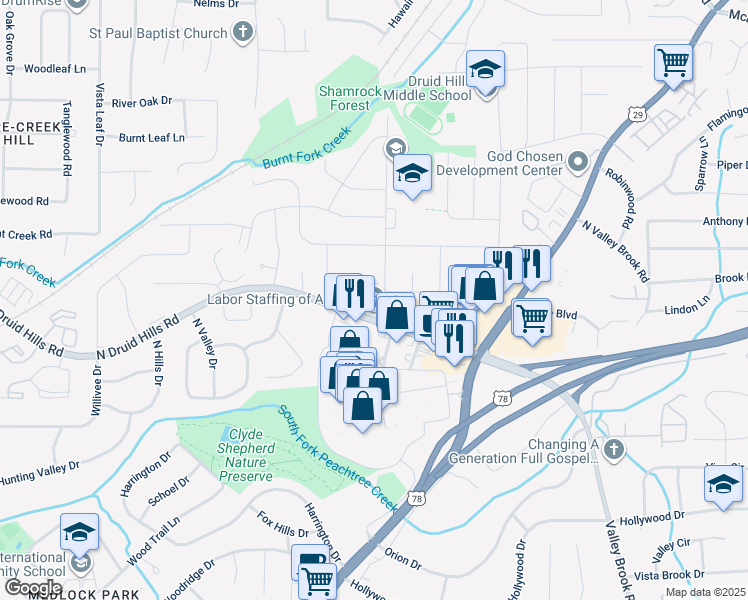 map of restaurants, bars, coffee shops, grocery stores, and more near 1162 Balsam Drive in Decatur