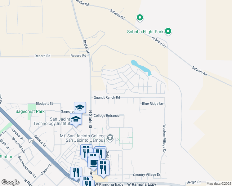 map of restaurants, bars, coffee shops, grocery stores, and more near 21100 State Street in San Jacinto