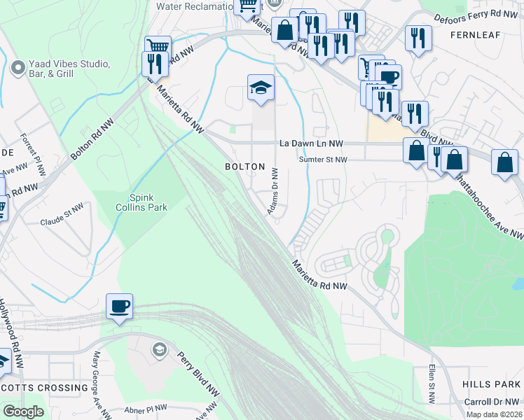 map of restaurants, bars, coffee shops, grocery stores, and more near 2092 Wood Trail Northwest in Atlanta