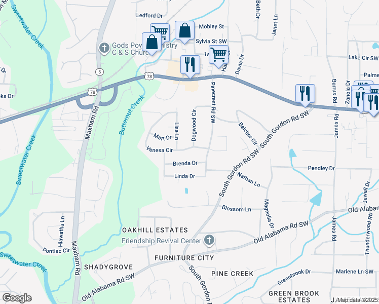 map of restaurants, bars, coffee shops, grocery stores, and more near 5792 Dogwood Circle in Austell