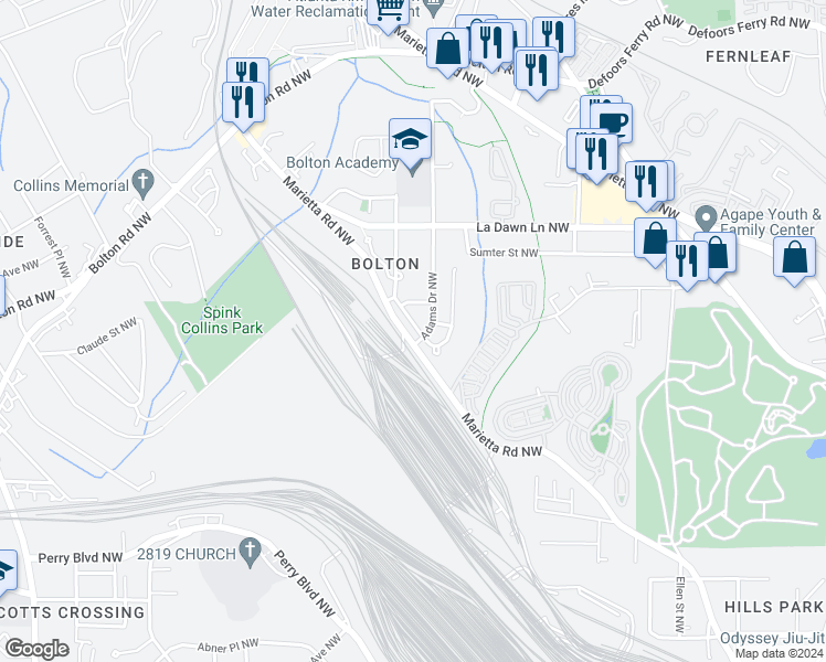 map of restaurants, bars, coffee shops, grocery stores, and more near 2092 Wood Trail Northwest in Atlanta
