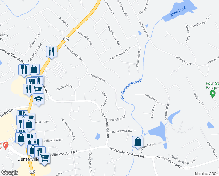 map of restaurants, bars, coffee shops, grocery stores, and more near 3399 Mansfield Lane in Snellville