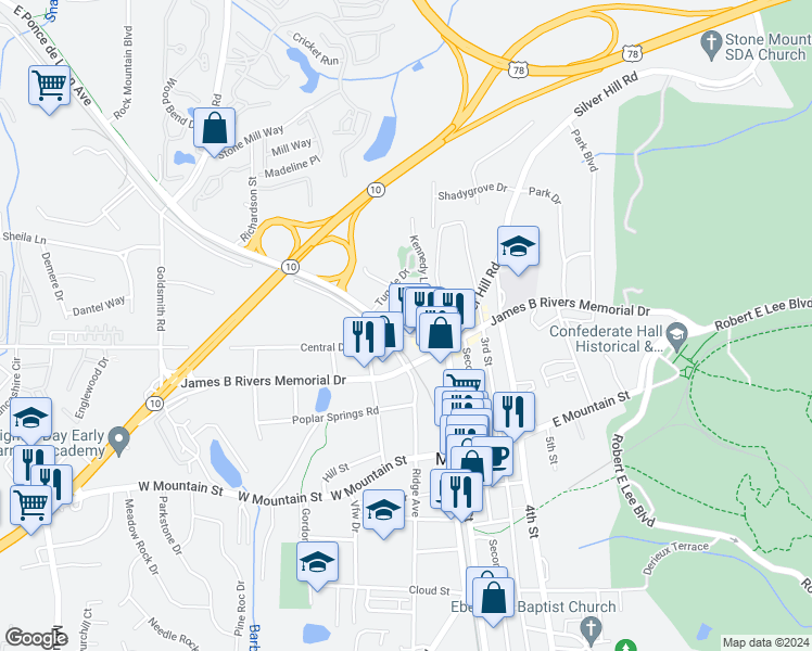 map of restaurants, bars, coffee shops, grocery stores, and more near 5261 Savannah Terrace in Stone Mountain