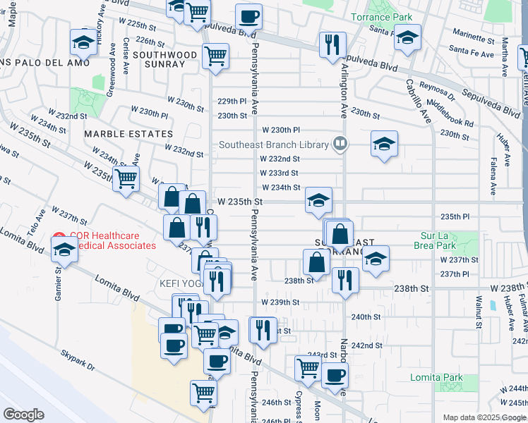 map of restaurants, bars, coffee shops, grocery stores, and more near 2365 235th Place in Torrance