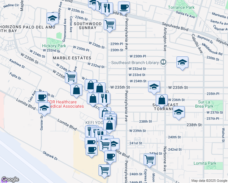 map of restaurants, bars, coffee shops, grocery stores, and more near in Torrance