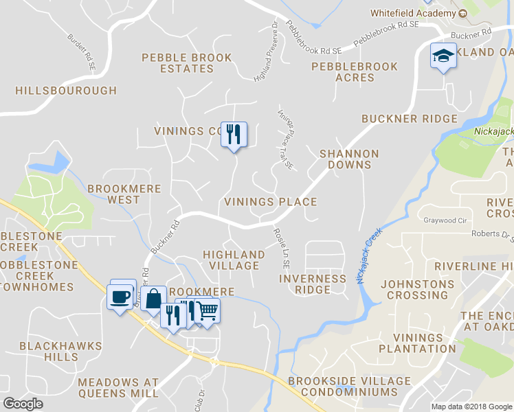 map of restaurants, bars, coffee shops, grocery stores, and more near 5755 Vinings Place Court Southeast in Mableton