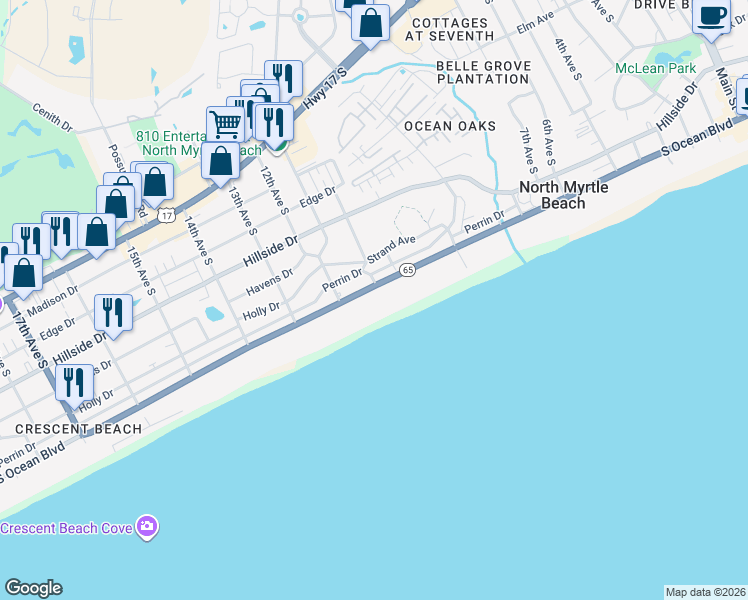 map of restaurants, bars, coffee shops, grocery stores, and more near 1002 South Ocean Boulevard in North Myrtle Beach