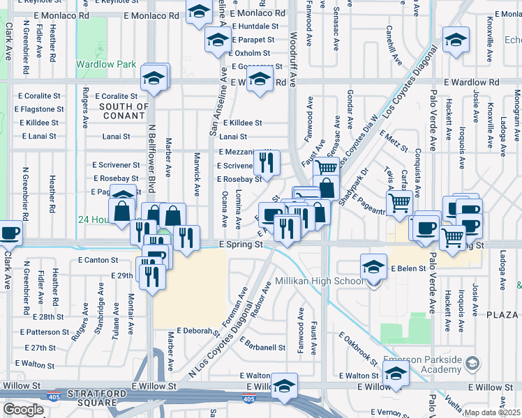 map of restaurants, bars, coffee shops, grocery stores, and more near 5857 East Pavo Street in Long Beach