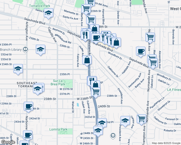 map of restaurants, bars, coffee shops, grocery stores, and more near 1601 West 235th Street in Torrance