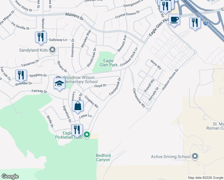map of restaurants, bars, coffee shops, grocery stores, and more near 4203 Floyd Drive in Corona