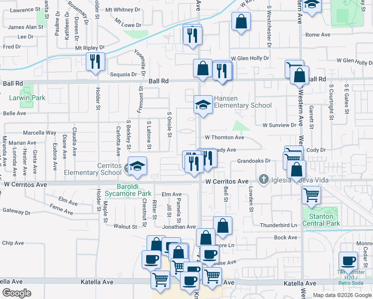 map of restaurants, bars, coffee shops, grocery stores, and more near 3539 West Greentree Circle in Anaheim