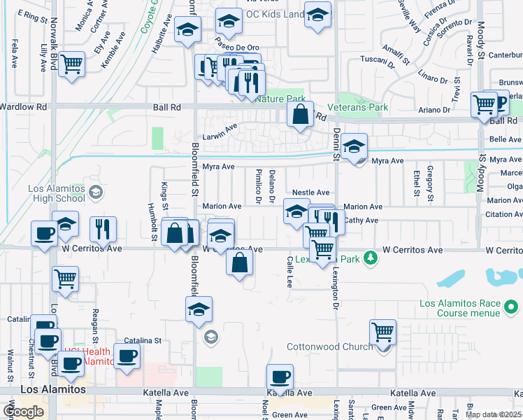 map of restaurants, bars, coffee shops, grocery stores, and more near 10262 Pimlico Drive in Cypress