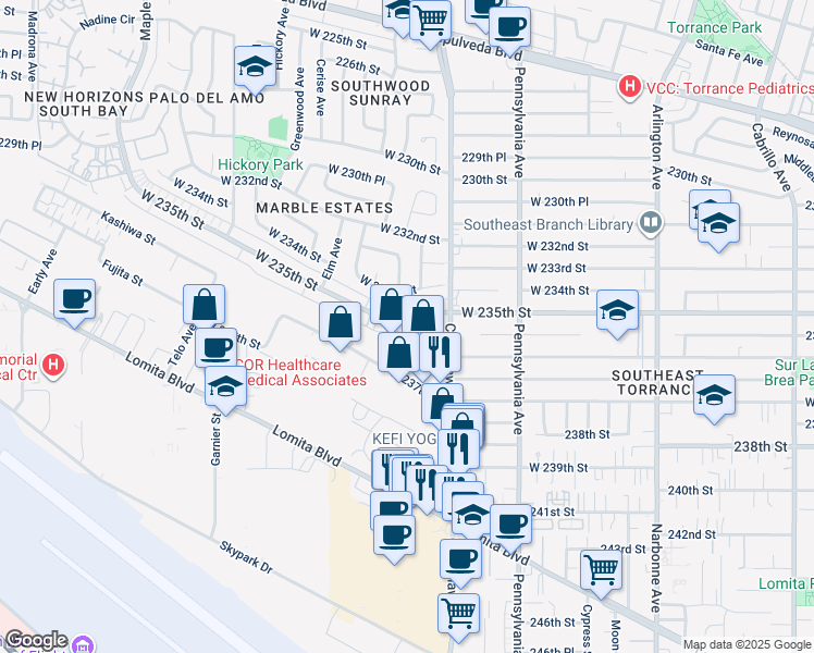 map of restaurants, bars, coffee shops, grocery stores, and more near 2569 West 235th Street in Torrance