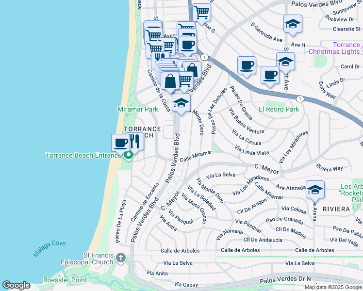 map of restaurants, bars, coffee shops, grocery stores, and more near in Torrance