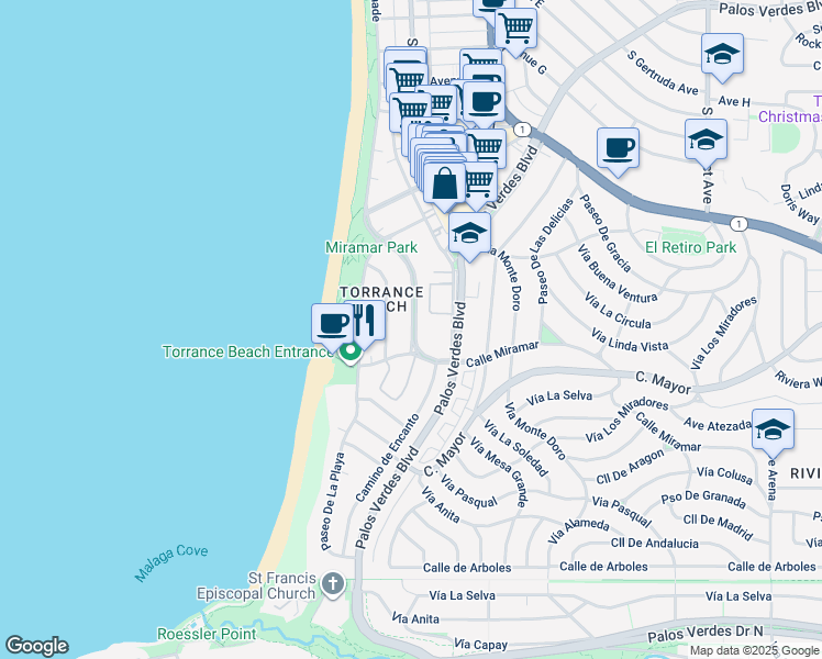 map of restaurants, bars, coffee shops, grocery stores, and more near 142 Paseo De La Concha in Redondo Beach