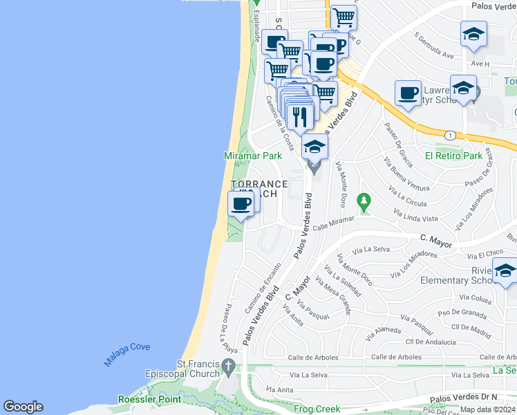 map of restaurants, bars, coffee shops, grocery stores, and more near 142 Paseo De La Concha in Redondo Beach