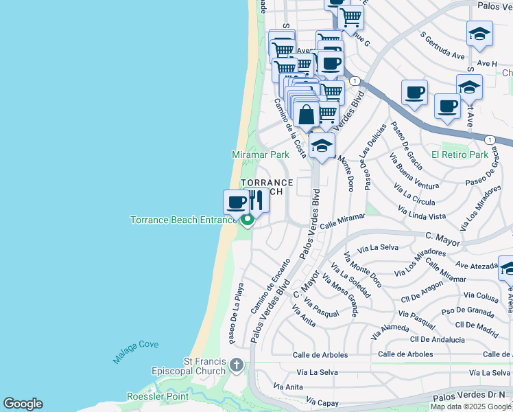 map of restaurants, bars, coffee shops, grocery stores, and more near 326 Paseo De La Playa in Redondo Beach