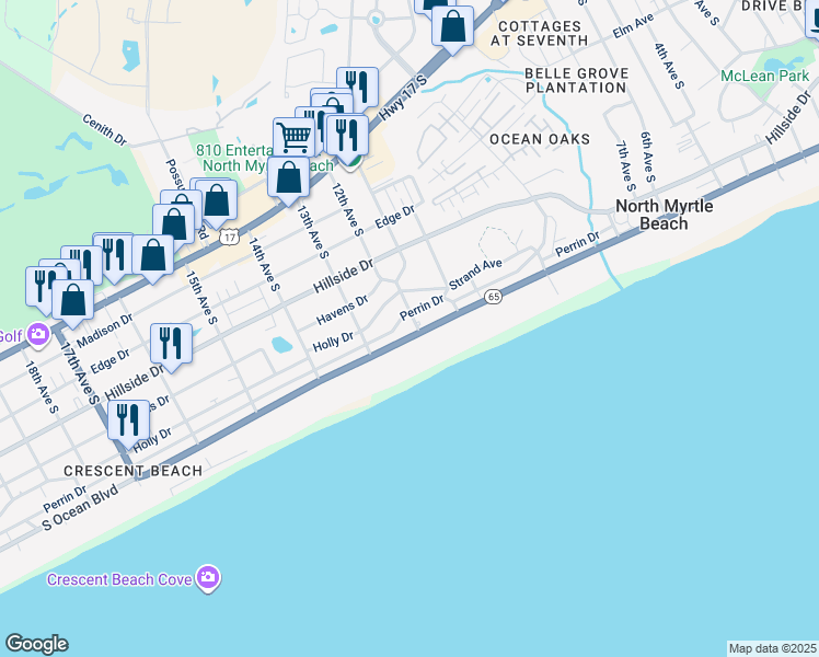 map of restaurants, bars, coffee shops, grocery stores, and more near 300 11th Avenue South in North Myrtle Beach
