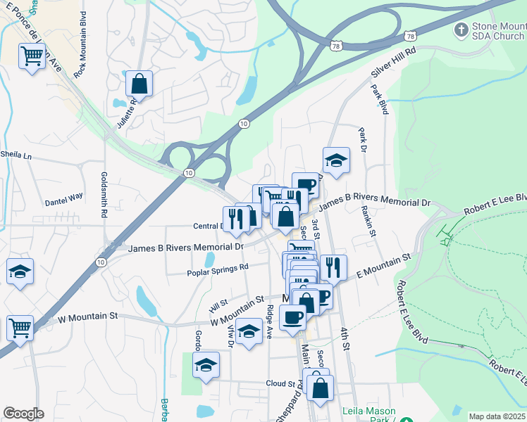 map of restaurants, bars, coffee shops, grocery stores, and more near 5261 Savannah Terrace in Stone Mountain