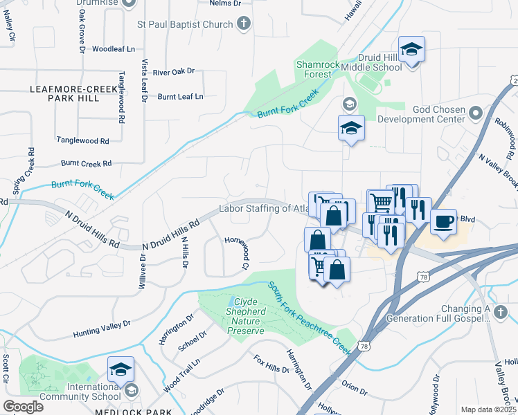 map of restaurants, bars, coffee shops, grocery stores, and more near 3701 North Druid Hills Road in Decatur
