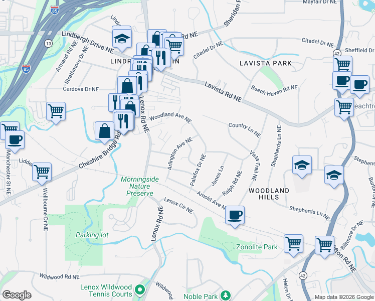 map of restaurants, bars, coffee shops, grocery stores, and more near 2134 Arlington Avenue Northeast in Atlanta