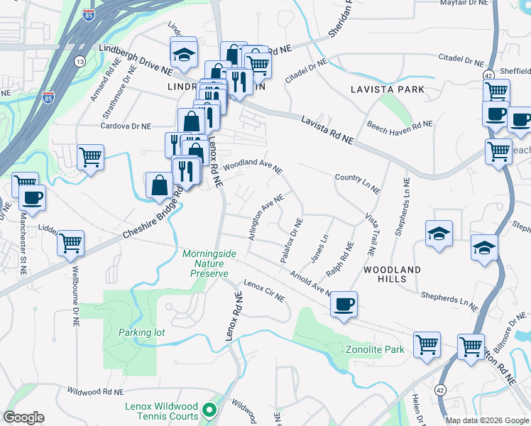 map of restaurants, bars, coffee shops, grocery stores, and more near 2113 Arlington Avenue Northeast in Atlanta