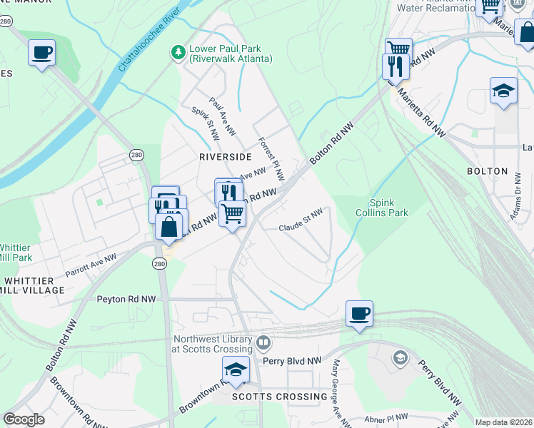 map of restaurants, bars, coffee shops, grocery stores, and more near 2127 Bolton Road Northwest in Atlanta
