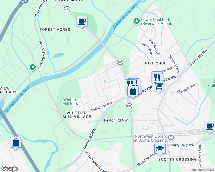 map of restaurants, bars, coffee shops, grocery stores, and more near 2054 Village Crest Drive Northwest in Atlanta