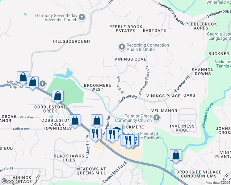 map of restaurants, bars, coffee shops, grocery stores, and more near 5564 Sylvania Drive Southeast in Mableton
