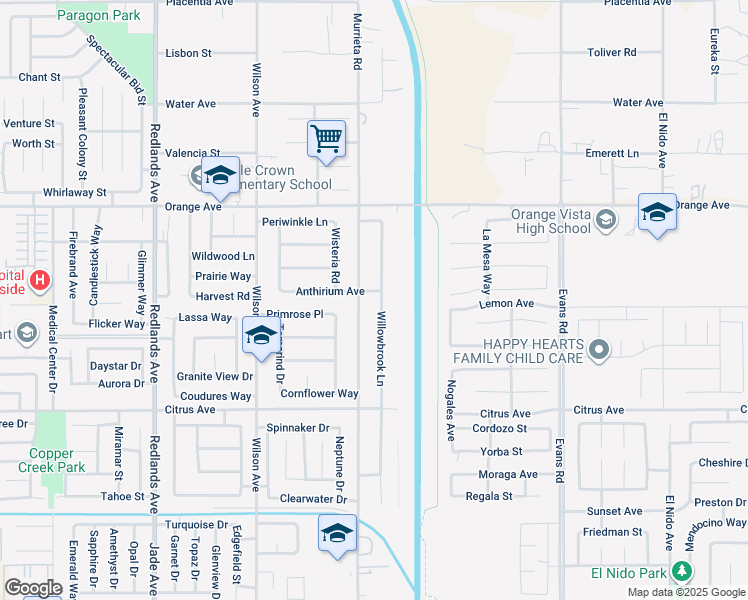 map of restaurants, bars, coffee shops, grocery stores, and more near 2226 Willowbrook Lane in Perris