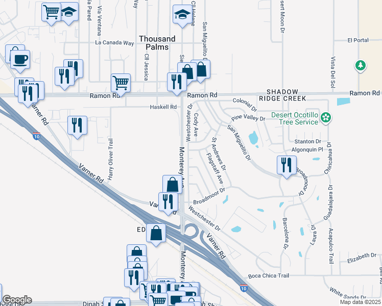 map of restaurants, bars, coffee shops, grocery stores, and more near 32520 Westchester Drive in Thousand Palms