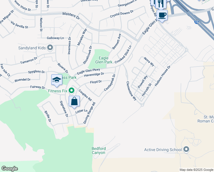 map of restaurants, bars, coffee shops, grocery stores, and more near 4257 Castlepeak Drive in Corona
