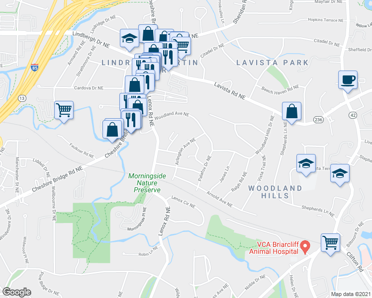 map of restaurants, bars, coffee shops, grocery stores, and more near 2113 Arlington Avenue Northeast in Atlanta