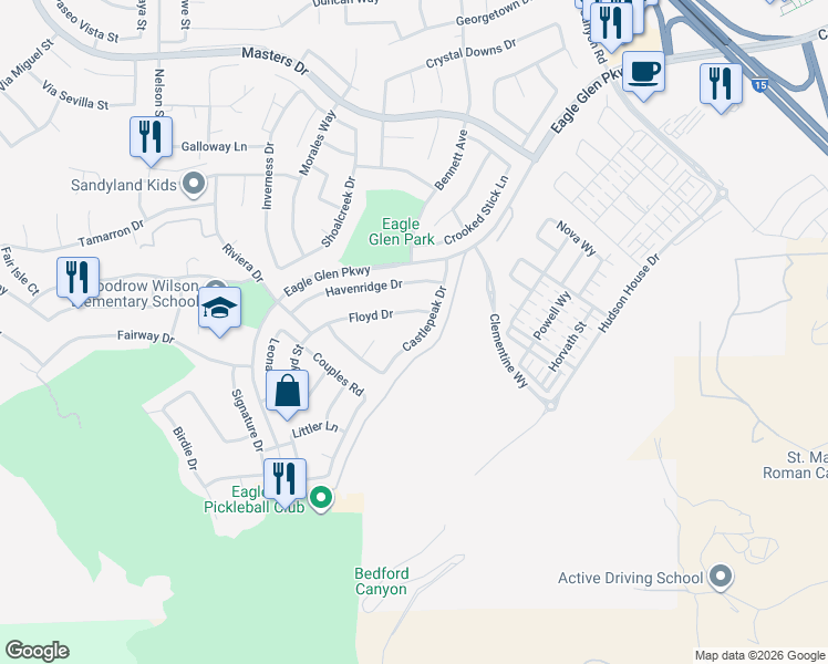 map of restaurants, bars, coffee shops, grocery stores, and more near 4257 Castlepeak Drive in Corona