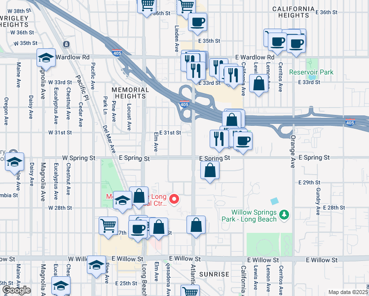 map of restaurants, bars, coffee shops, grocery stores, and more near 3036 Linden Avenue in Long Beach