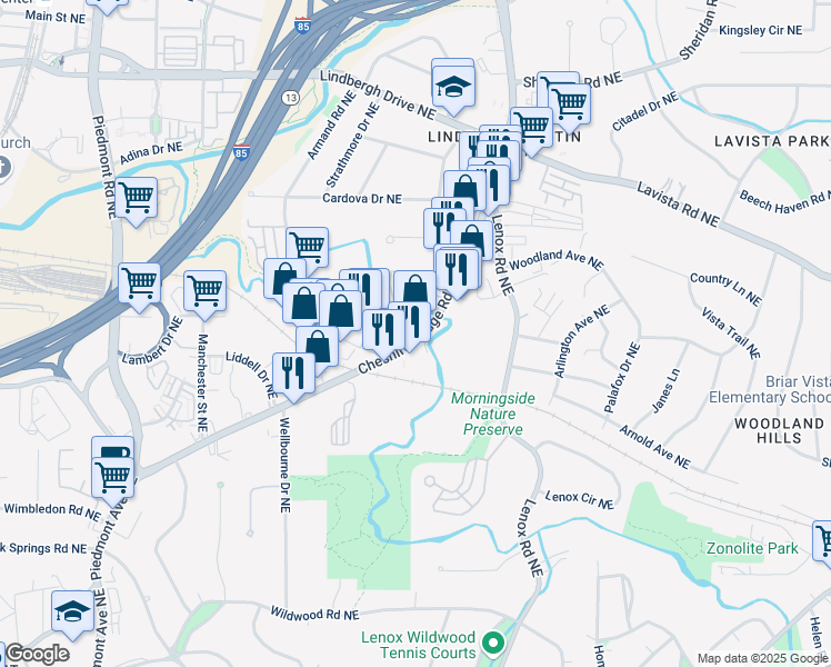 map of restaurants, bars, coffee shops, grocery stores, and more near 2080a Cheshire Bridge Road Northeast in Atlanta