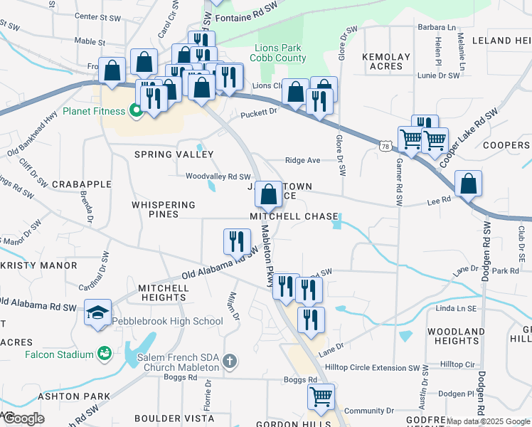 map of restaurants, bars, coffee shops, grocery stores, and more near 5990 Mableton Parkway Southwest in Mableton