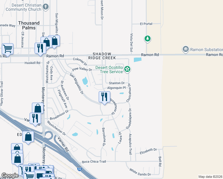 map of restaurants, bars, coffee shops, grocery stores, and more near 73533 Stanton Drive in Thousand Palms