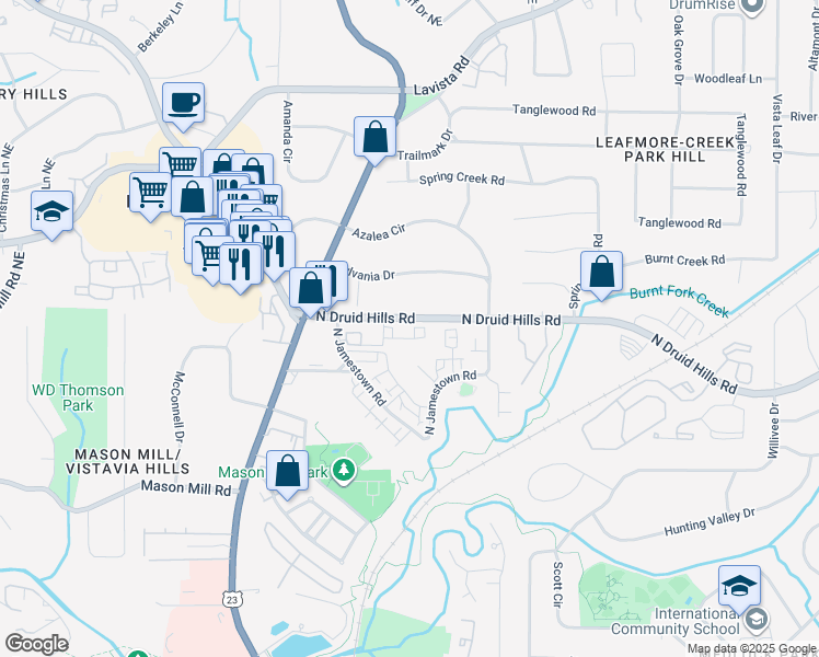 map of restaurants, bars, coffee shops, grocery stores, and more near 3131 North Druid Hills Road in Decatur