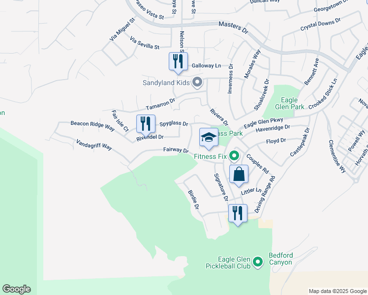 map of restaurants, bars, coffee shops, grocery stores, and more near 4384 Edenwild Lane in Corona