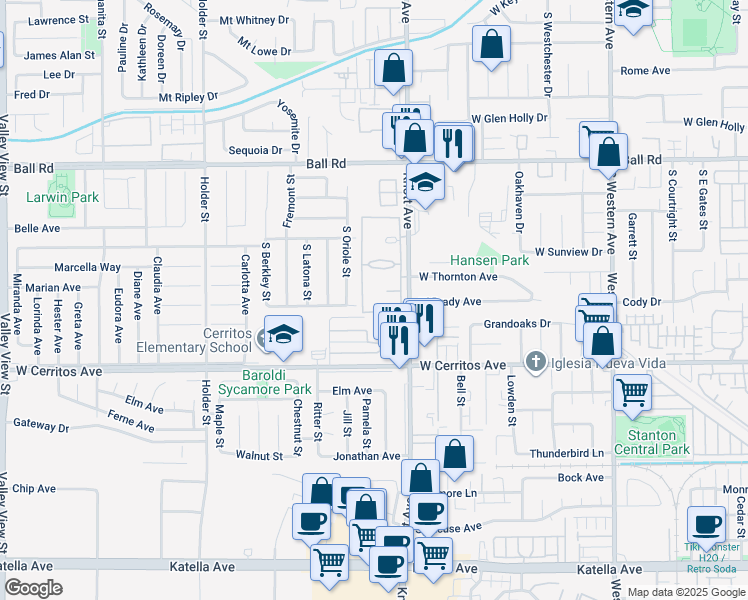 map of restaurants, bars, coffee shops, grocery stores, and more near 3523 West Greentree Circle in Anaheim