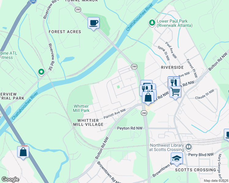 map of restaurants, bars, coffee shops, grocery stores, and more near Garrison Way Northwest in Atlanta