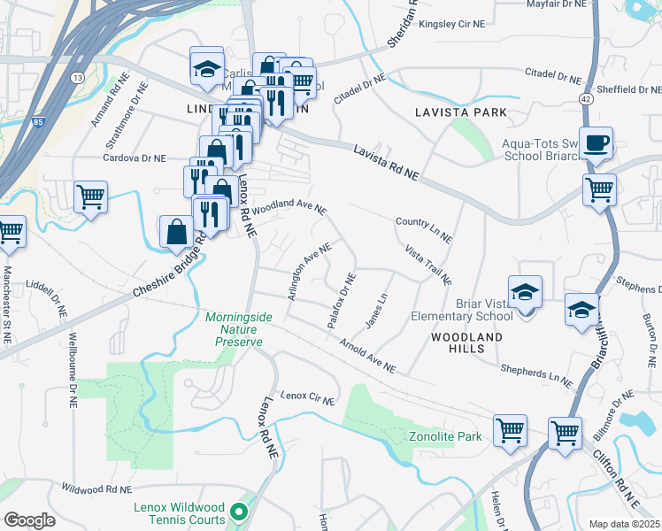 map of restaurants, bars, coffee shops, grocery stores, and more near 1151 Arlington Parkway Northeast in Atlanta